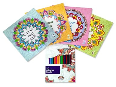 Set of 4 Colour and Chill Mandala Colouring Books with 20 Colouring Pencils – Relax with Vibrant Art! 21 x 21 cm, 16 Pages Each