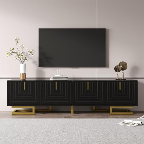 Merax TV Unit Cabinet, Black & Gold, 160 * 34 * 35.5CM | Entertainment Center, Storage Cabinets, Geometric Design Media Console Table, Sturdy Metal Base