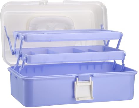 OGANAZI 3-Layer Foldable Organiser Box with Compartments Sewing Box with Handles and Lids Medicine Storage Box Craft Storage Hair Accessories Organiser with Buckle 32.5 * 20.5 * 14cm White Purple