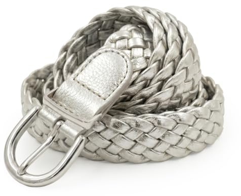 styleBREAKER Damen Flechtgürtel Schmal PU Kunstleder | 2,8 cm Breite, 110 cm Gesamtlänge (ohne Schließe). Stufenlos verstellbar durch Material-Struktur. Silberne Dornschließe.