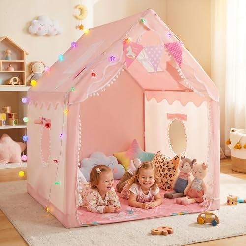 Krovtoy Spielzelt Rosa Prinzessin – Kinderspielhaus mit Spielmatte & Lichterkette, großes Indoor Outdoor Spielzelt für Mädchen, inkl. Deko-Set, stabil & tragbar