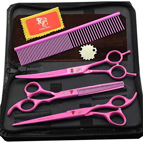 Ciseaux à effiler professionnels pour animaux de compagnie 17,8 cm – Ciseaux de toilettage pour animaux de compagnie avec lames dentées en acier inoxydable pour chiens et chats (ensemble rose)