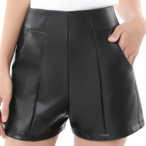 Everbellus Mujeres Cintura Alta Leggins Cuero Pantalones Cortos con Bolsillos y Pernera Ancha Negro X-Large
