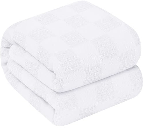 Oakias 100% Cotton Blanket Queen Size, White 90 x 90 Inches – 350 GSM Soft, Lightweight & Breathable Thermal Blanket – Durable All-Season Comfort for Bed & Couch