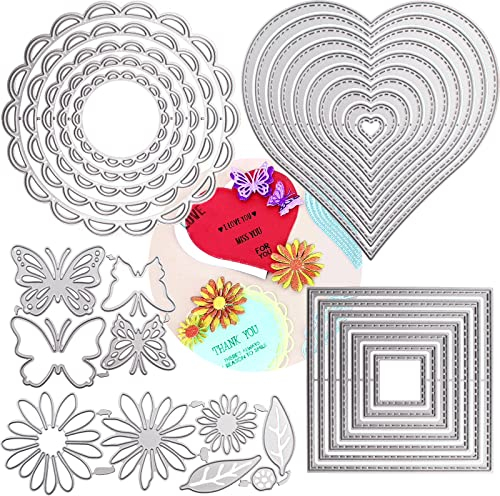 DailyTreasures 5 Set Cutting Dies Stencil, 32Pcs Metal Template Moulds Multi-Shape DIY Craft Embossing Tools for Album Scrapbooking Art Decor & Card Making(Heart/Square/Round Lace/Butterfly/Flower)