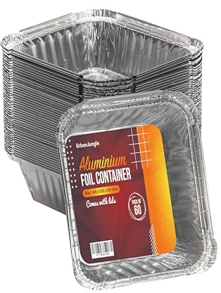 UrbanJungle 60 X Aluminium Foil Trays - Food Containers with Lids - Ideal for Storage, Baking, Roasting, BBQ, Cooking, Meal Prep Tray - Freezer Containers and Disposable Takeaway Containers (M, 60)
