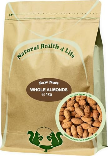 Natural Health 4 Life Raw Whole Almond 1kg – High Protein and Fibre Snack, Baking Ingredient, Vegan & Gluten-Free, for Snacking, Baking, and Everyday Use, Resealable Pouch (1 Pouch)