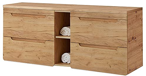 Lomadox Badezimmermöbel Waschtisch Unterschrank Set 141 cm, Wotan Eiche Nb. Dekor, 2 Softclose-Auszüge, Regal, B/H/T ca. 141/61,5/46 cm
