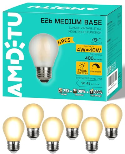 Vintage LED Edison Short Small Light Bulb 40W Dimmable E26 Globe 2700K Soft white Frosted 40 Watt Warm Standard Medium Base G45 Bulbs Ideal for Ceiling Fan,Vanity Light,Table Lamp Create Cozy Ambiance