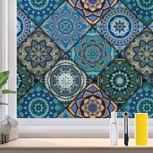 DKTIE Bathroom Window Privacy Film Decorative Films, Get Privacy While Still Letting Light Into Room, Included Tools Easy to Install, Static Cling Renter Frendly (B110-Blue, 17.7 x 78.7)