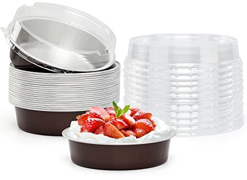 Beasea Paquete de 20 moldes desechables para tartas de aluminio con tapas, molde redondo de 4 pulgadas, mini molde para tartas de 8 onzas para tartas