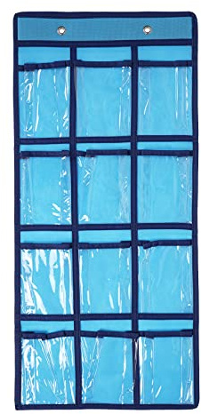 SAVORLIVING 12 klare Taschen Aufbewahrungstasche Für Klassenzimmer,Handygarage Schule,Handy Aufbewahrungsbox,Handy Organizer Klassenzimmer,Für Handys Und Taschenrechner,mit Haken (Blau)