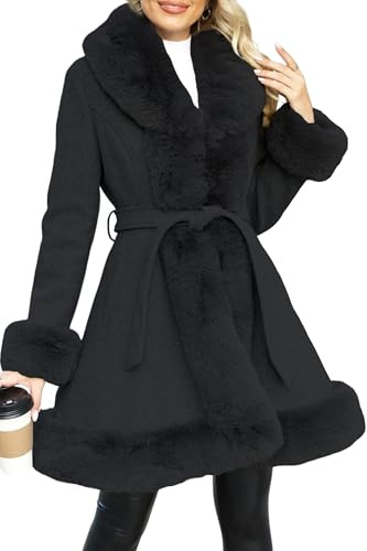 Giolshon Giacca da Donna in Pile di Lana con Collo in Pelliccia Sintetica Parka Lungo Imbottito Imbottito Caldo Cappotto Invernale con Cintura 242A Nero XL