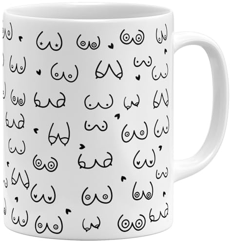 OM3® witzige Doodle Kaffeetasse mit Brüsten - Titten Tasse Brüste-Muster - Keramik Becher - 11oz 325ml - Rundumdruck - Weiss