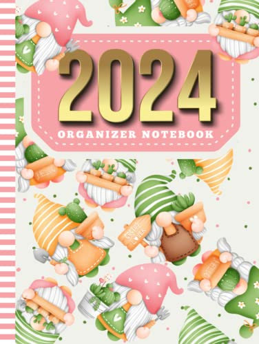 2024 Organizer Notebook: Hardcover / 8.5x11 Large Dated Monthly Schedule With 100 Blank College-Ruled Lined Paper Combo / 12-Month Life Organizing ... Garden Gnome Art Pattern Theme Cover