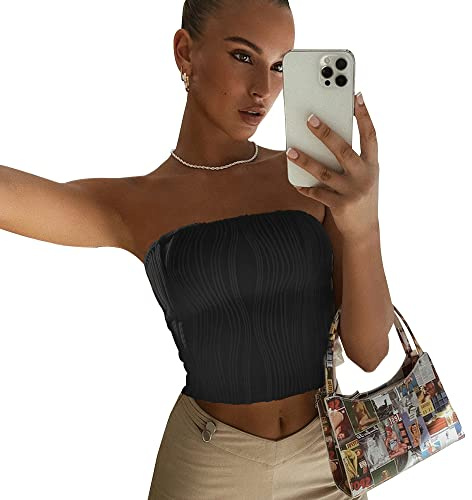 QKEPCY Camiseta Tirantes Mujer Tank Top Camisola Verano Bandeau Corto Texturizado Palabra de Honor Estilo Tubo Elástico sin Mangas Top Corto Veraniego Elegante