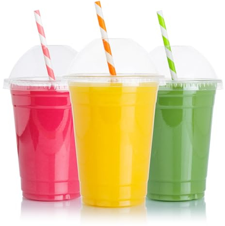 CHEF ROYALE 100 x 12oz Plastic Smoothie Cups with Dome Lids - Plastic Cups with Lids - Smoothie Cup with Lids for Smoothies and Milkshakes - Recyclable & Disposable Cups (12oz (100 Pack))