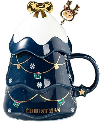 Cuillère couverte de 400 ml - Tasse de Noël en céramique - Four à micro-ondes - Disponible en sapin de Noël - Tasse à café pour bureau à la maison - Bleu violacé - 401-500 ml