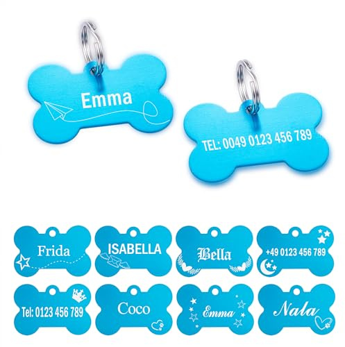 2 Stücke Hundemarke mit Gravur Hundeknochen Adressanhänger Hellblau Hund ID Tag mit Schlüsselring Haustier Adressschild Adressmarke für Hundehalsband