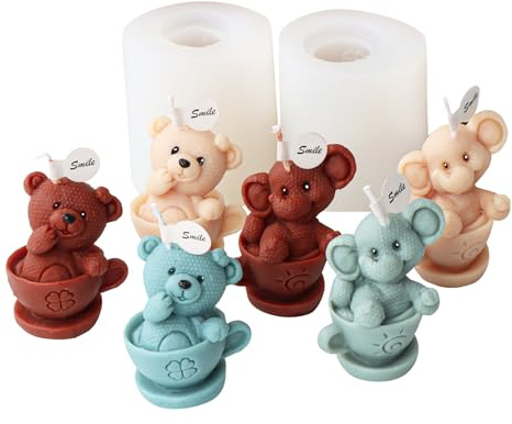 Xidmold 2 Stück Tasse Elefant Bär Kerzenform 3D Tier Elefant Bär Silikonform für Fondant, Sojawachs Kerzen, Seife, Gips, Epoxidharz, Handwerk
