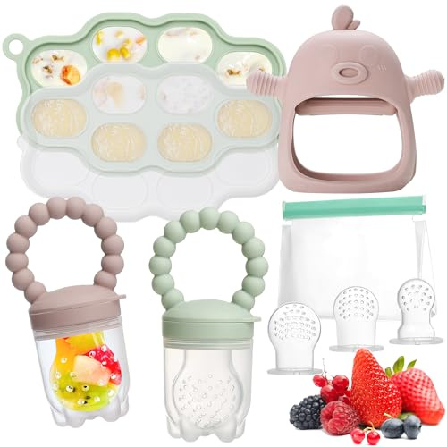 WEST STORY Chupete Fruta Bebe, Malla Fruta Bebe de Silicona, Incluir Recipiente para comida de bebé, 2 Mordedor Fruta Bebe 3 Tetinas para bebés 3~24 meses, Mordedor para Bebés, Sin BPA (Rosa & Verde)