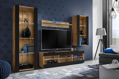 Komodee Wohnwand TV Tivoli Medio Schwarz/Wotan 245x159x35 cm