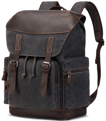 Nerlion läderryggsäck för män vaxad kanvas laptop-ryggsäck 17,3 tum ryggsäck vintage reseryggsäck, Svart, 30L, Läderryggsäck för män