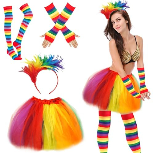 Hpbaggy 4er Karneval Kostüm Damen,mit Regenbogen Tüllrock,Kniestrümpfe Damen Bunt,Fingerlose Handschuhe,Bunte Feder-Haarbänder,Regenbogen Kostüm Damen,Fasching Accessoires