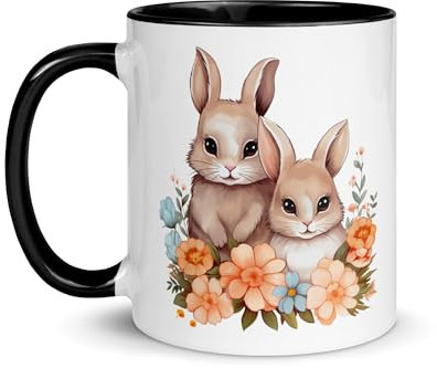 Chatcripant Tasse Lapin Fantaisie Oreilles Animal Thé Café Mug Romantique Fleurs Cadeau Amour Cœur Humour Fantaisie Paques Travail Bureau Noël Céramique (Lapins et Fleurs)