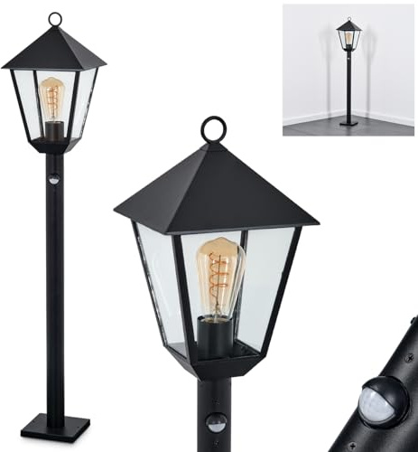 HOFSTEIN Außenstehleuchte Anfei, Außenwegeleuchte mit Bewegungsmelder aus Metall/Glas in Schwarz/Klar, Wegeleuchte im Landhaus/Antik/Vintage-Design für Garten, Außenbereich, Hof, 102 cm, E27, IP44