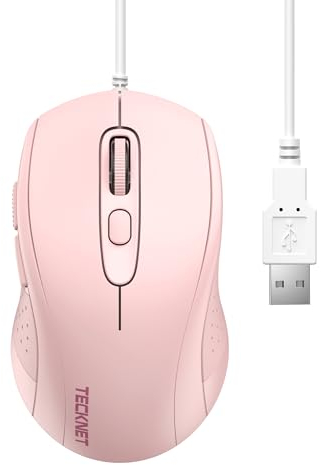 TECKNET Souris avec câble, 3600 DPI Optical Business Mouse Ergonomique Filaire avec 6 Boutons, 4 Niveaux DPI réglables, Plug & Play, pour Ordinateur Portable/PC/Mac - Rose