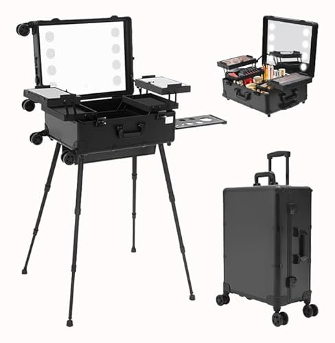 Valise cosmétique professionnelle à 4 roulettes avec éclairage et miroir, organiseur de maquillage, multifonctionnelle, 3 niveaux de hauteur réglable, support 12 V, Noir , Voyage