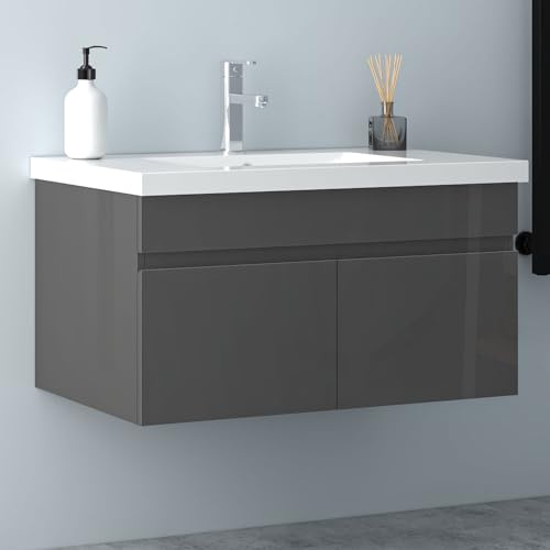 Biubiubath Badezimmer Badmöbel 80cm Mineralguss Waschtisch mit Unterschrank Hängeschrank Hochglanz Dunkelgrau Badezimmerschränke Badschrank mit 2 Soft-Close Türen