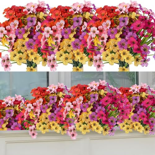 DABAOOU 12PCS Artificial Flowers for Decoration Outdoor 6 Colors UV Artificial Garden Flowers Plastic Faux Plants Fake Silk Flowers for Hanging Baskets Outside Home Wedding Patio Porch Decor