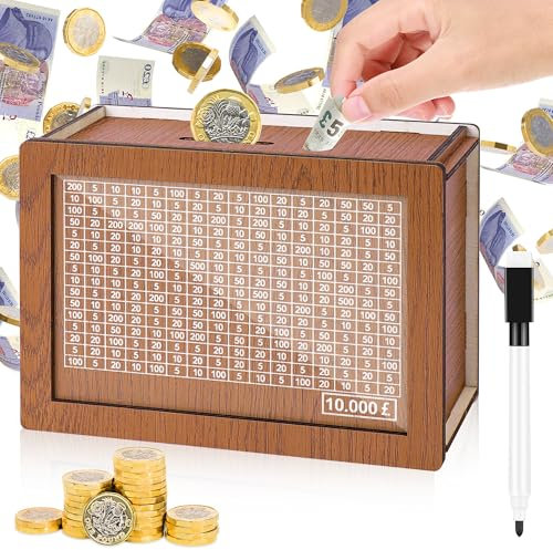 Homgaty Money Box Wooden,10000 Pound Clear Acrylic Sheet Money box Cash Saving Box With Counter To Tick,Reusable Savings Box for Christmas Birthday Gift DIY Decoration
