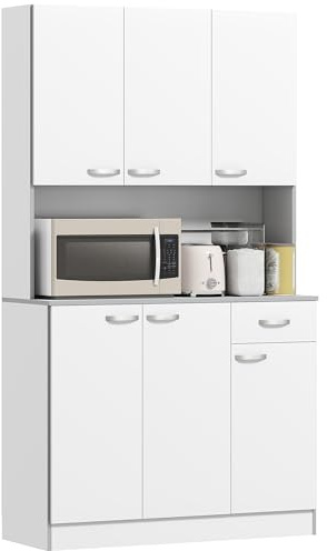 HOMCOM Buffet de Cuisine Armoire de Cuisine contemporaine Multi-rangements 6 Portes 1 tiroir + Grand Plateau dim. 101L x 39l x 180H cm en Bois Blanc Gris