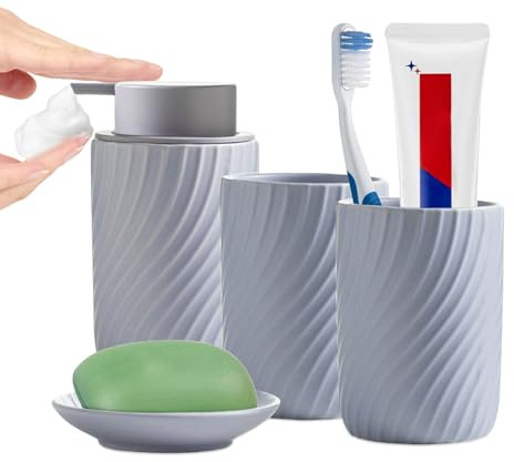XUDREZ Lot de 4 accessoires de salle de bain en céramique - Distributeur de savon et porte-savon - Gobelet à brosse à dents pour la maison et la salle de bain - Couleur lilas