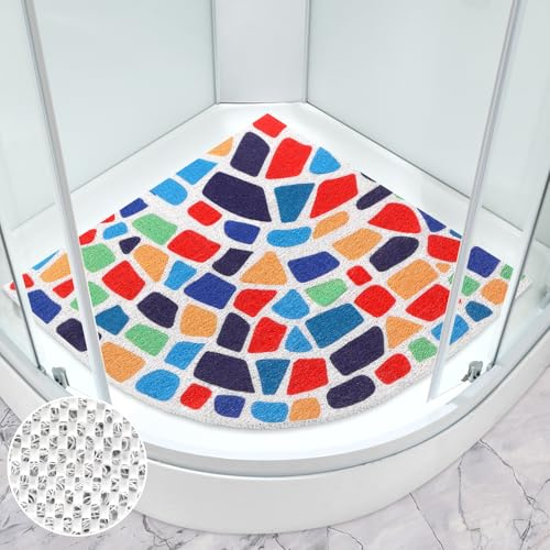 Eck-Duschmatte rutschfest, 70 x 70 cm, große Viertelkreisform, Duschmatten für Innendusche, buntes Luffa-Sektor, Duschmatte, Anti-Schimmel, rutschfest