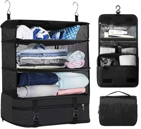 Dokeno Organisateur de Valises Suspendu avec Pochette Cosmétique, Cubes d'Emballage de Voyage Sac de Rangement Système d'Organisation pour Valises, Organiseurs de Bagage pour Voyage Noir