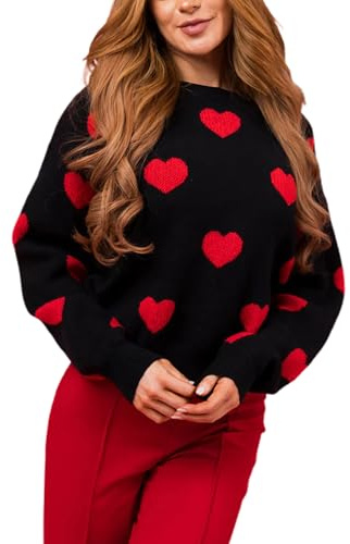 Women's Cute Heart Sweater Love Print Valentines Day Knitted Top Casual Crewneck Long Sleeve Romantic Oversized Jumper Top (Black, M)