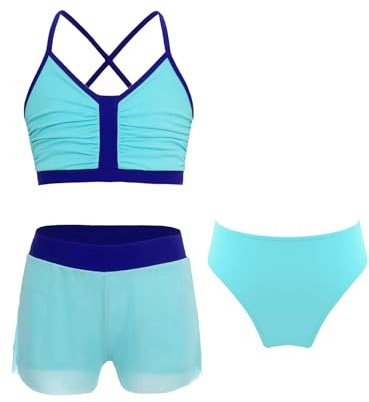 Choomomo Girls Three Pieces Swimsuit Color Block Tank Tops with Bottom and Swim Shorts Bathing Suit Green&Blue 12 Years