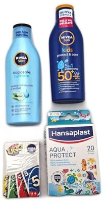 NIVEA SUN Kids Protect & Care Sonnencreme für Kinder, LSF 50+ 200 ml, After Sun Hydrate 200 ml, Labello Sun Protect Lippenbalsam 4,8 g, Hansaplast Pflaster Aqua Protect Kids 20 Stück und Karten UNO