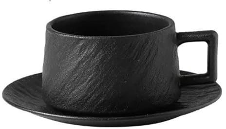 Coffee Mug Set,with Embossed Rock Texture, Ceramic Tea Cup, Cappuccino Cup(Black-Cup with Plate)