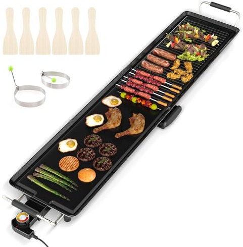 COSTWAY Electric Teppanyaki Table Grill, 1800W BBQ Griddle with Adjustable Temperature, Nonstick Surface, Drip Tray, 6 Wooden Spatulas & 2 Egg Rings (116 x 24cm, Dual-Surface, Die-casting Aluminum)