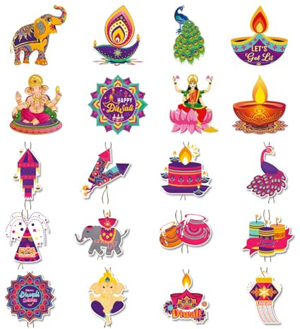 20 Pcs Diwali Decorations for House,Diwali Rangoli Hanging Decoration,Indian Home Pendant Ornaments Gifts,Diyas Lantern Candles Patterns Festival Hangings Sign for Wall Door Office Pooja Decor Items
