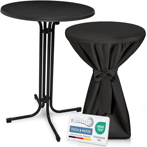 Beautissu Schwarzer Stehtisch klappbar mit Premium Stehtischhusse | 80cm rund Schwarz wetterbeständig Outdoor Bistrotisch kratzfest UV-beständig Husse rutschfest waschbar Schleifenband Bellini