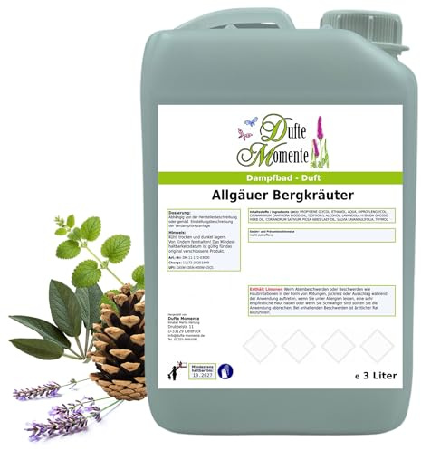 Dufte Momente Dampfbad Duftkonzentrat Allgäuer Bergkräuter 3 Liter – naturreine ätherische Öle – exotisch-frisch & belebend – für alle gängigen Dampfbäder, Verdampferanlagen & Dampfduschen – vegan