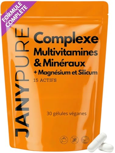 Complexe Multivitamines et Minéraux 15 Actifs Formule Complète Magnésium et Silicium - Cure 1 Mois Énergie Immunité Vitamines A B C D E Magnésium Zinc Fer - Gélules Vegan - Sans OGM Sans Gluten