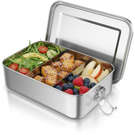 Arendo - Lunchbox Edelstahl – Brotdose 1400 ml – mit Fächern – zwei entnehmbare Trennwände - auslaufsicher dank Silikondichtung - Metall lebensmittelecht - Kinder und Erwachsene