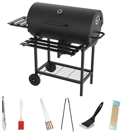 Holzkohlegrill & Smoker - Tragbarer Outdoor-Grill mit klappbarem Beistelltisch, Vordertisch und unterer Ablage für Kochen und Grillen im Freien